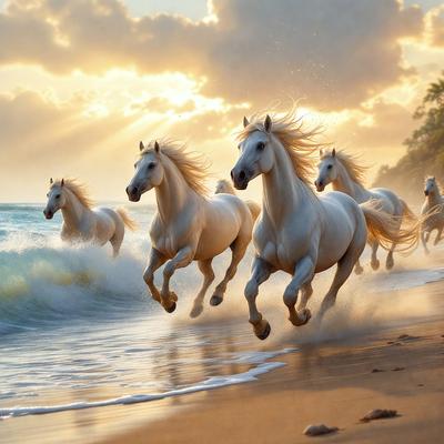 Primary subject: A group of white horses running on the beach.

Setting/background: The beach, with the ocean in the background.

Visual style: The image is a painting, featuring a beautiful scene of horses running on the beach.

Colors and mood: The painting is in shades of white, blue, and orange, creating a serene and lively atmosphere.